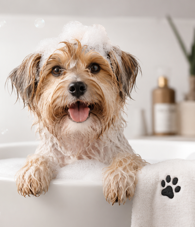 Perro limpio y feliz tras su spa day en Royal Care