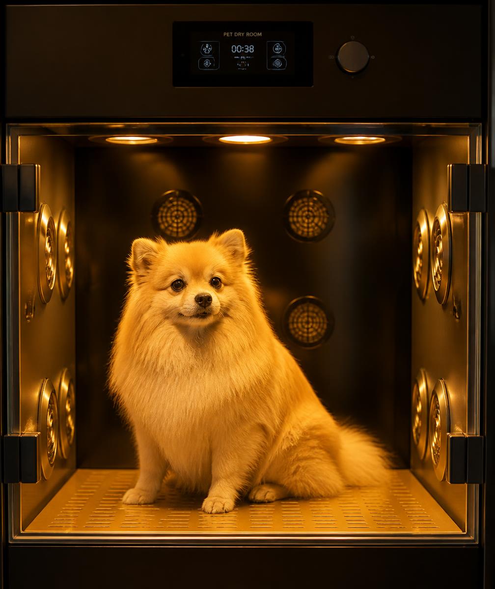Perro en cabina de secado con aromaterapia